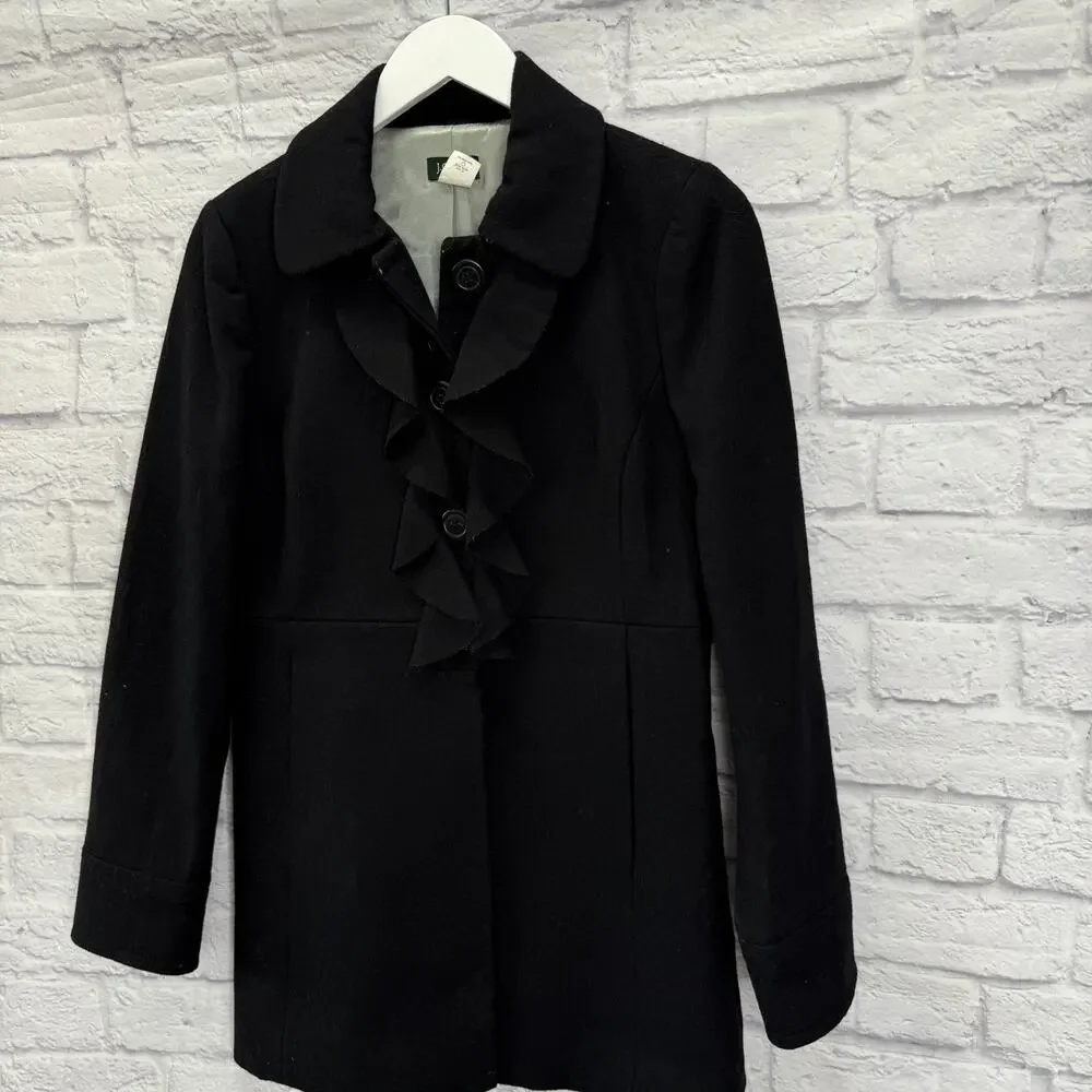 J.Crew Women's Black Wool Blend Ruffle Front Coat Jacket Size 2 Classic Button